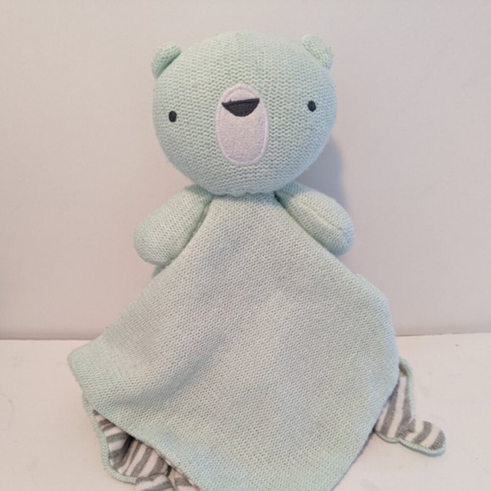 Cloud Island Mint Green Grey Stripe Bear Knit Sweater Lovey Security Blanket HTF
